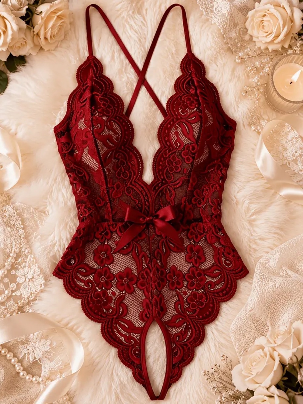 Deep Red, Floral Lace, Plunge Teddy, Crotchless,
Lingerie Bodysuit